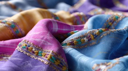 This captivating image showcases a close-up view of colorful textiles featuring intricate embroidery patterns. The rich textures and vibrant hues offer a perfect representation of craftsmanship, ideal for fashion and home decor inspiration.の素材