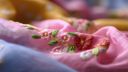A stunning close-up of elegant floral embroidery featuring intricate stitching on soft fabric in vibrant shades of pink and blue, highlighting artistic craftsmanship.の素材
