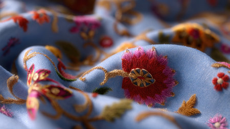A beautifully embroidered textile featuring vibrant floral patterns on a soft blue background, ideal for fashion or interior design projects.の素材