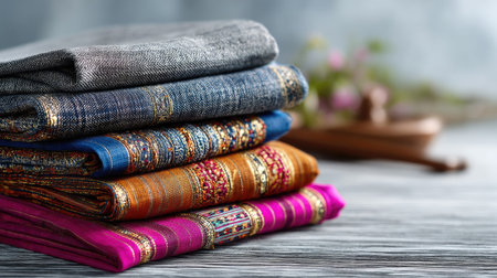 This vibrant arrangement of colorful fabric textiles showcases intricate designs and textures against a softly blurred background, ideal for creative projects.の素材