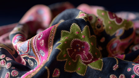 This stunning close-up captures an elegant textile fabric featuring intricate floral patterns and a soft texture, ideal for fashion and design projects.の素材