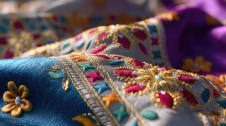This image showcases a vibrant fabric adorned with intricate embroidery featuring floral patterns in rich shades of blue, purple, and gold.の素材