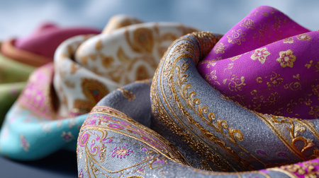 Gorgeous silk scarves in a variety of rich colors and intricate patterns, elegantly draped to showcase luxurious fabric and stylish design elements.の素材