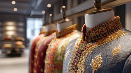 This image features a stunning array of traditional clothing elegantly displayed in a modern boutique, showcasing exquisite detailing and vibrant patterns.の素材