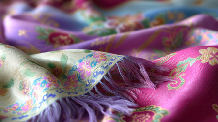 This image showcases an elegant textile featuring intricate floral patterns and fringed edges. The vibrant colors create a striking visual appeal, perfect for fashion and interior decor projects.の素材