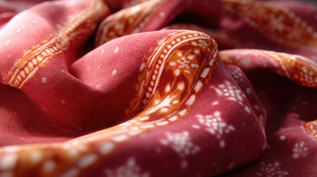 This image features a beautifully textured fabric adorned with intricate patterns and warm, rich tones, ideal for fashion, design, and textile projects.の素材