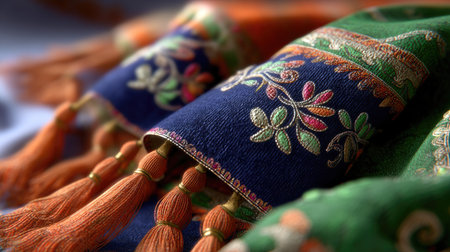 This image showcases a close-up view of colorful fabric with intricate embroidery and decorative tassels. The rich details and vibrant colors highlight exceptional craftsmanship, making it ideal for art, fashion, or home decor themes.の素材