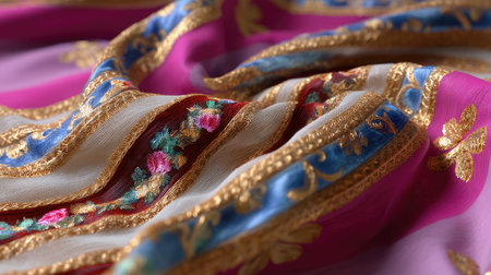 Close-up view of a vibrant fabric showcasing intricate embroidery and rich colors, ideal for fashion or textile design inspirations and artistic projects.の素材