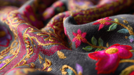 This stunning close-up showcases a luxurious embroidered fabric, highlighting intricate floral patterns and rich textures in vibrant colors. Perfect for design inspiration.の素材