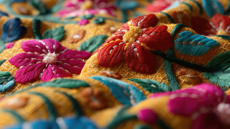 Close-up of vibrant floral embroidery on fabric showcases colorful threads and intricate designs, perfect for textile art projects and creative designs.の素材
