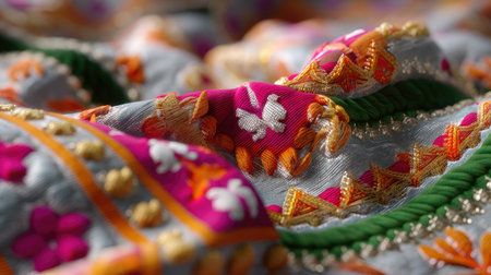 A stunning close-up view of a richly embroidered fabric showcasing vibrant colors, intricate patterns, and detailed craftsmanship, perfect for cultural and fashion themes.の素材