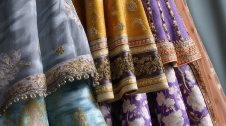 A stunning array of vibrant textiles showcasing intricate embroidery and traditional patterns. This eye-catching collection highlights cultural craftsmanship and rich colors.の素材