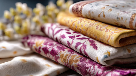 A beautifully arranged stack of colorful fabrics showcasing intricate floral patterns. Ideal for projects related to textiles, crafts, and home decor.の素材