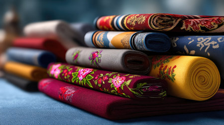 A vibrant collection of rolled fabrics showcasing intricate embroidery patterns, perfect for crafting and design projects, resting on a soft surface.の素材