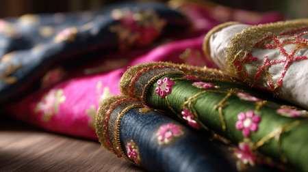 A closeup view of beautifully embroidered textiles featuring vibrant colors and intricate designs, showcasing the fine craftsmanship on a wooden surface.の素材