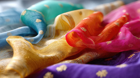 A stunning display of colorful textiles elegantly draped to showcase their intricate patterns and rich textures, perfect for fashion or decor inspiration.の素材