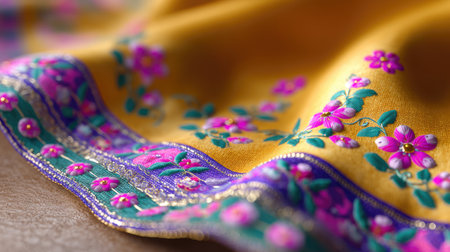 This image showcases an elegant yellow fabric adorned with intricate floral embroidery in vibrant colors, highlighting exquisite craftsmanship and artistic design.の素材