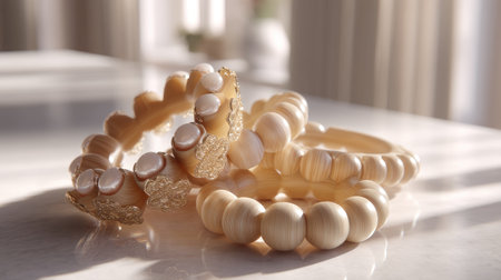 This image showcases a collection of elegant handcrafted bracelets made from natural materials. The unique designs enhance their beauty, perfect for a stylish accessory.の素材