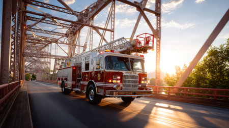 A vibrant fire truck navigates a bustling urban bridge at sunset, capturing the spirit of emergency response amidst a stunning natural backdrop.の素材