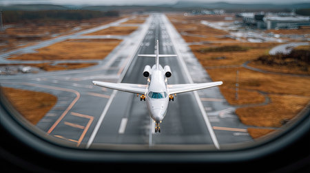 A stunning view of an aircraft landing captured from the window of another plane, showcasing the runway with surrounding landscapes and city structures.の素材