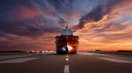 A striking image of a cargo ship docked against a breathtaking sunset sky. The vibrant clouds create a stunning backdrop. Perfect for maritime themes.の素材