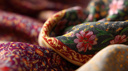 This stunning close-up captures the intricate floral patterns on luxurious fabric, showcasing vibrant colors and detailed textures, perfect for design inspiration.の素材
