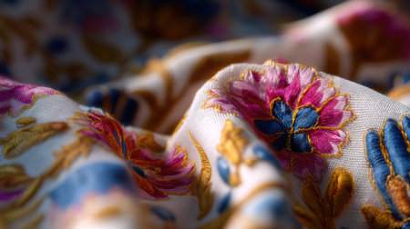 A close-up view of elegant floral embroidery on a soft fabric, showcasing vibrant colors and intricate designs illuminated by warm lighting.の素材