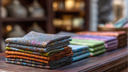 A vibrant assortment of beautifully stacked fabrics displaying intricate patterns and colors, set on a rustic wooden table within a boutique.の素材