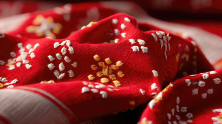 Close-up view of a vibrant red fabric featuring intricate floral embroidery. The rich texture and bright colors make it ideal for design and crafting projects.の素材