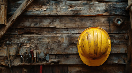 This image features a yellow hard hat hanging on a rustic wooden wall alongside various tools. It reflects a vintage vibe, ideal for construction and craftsmanship themes.の素材
