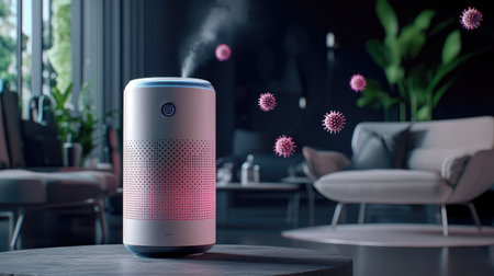 An air purifier emits mist while floating particles symbolize hygiene and health. This modern room showcases sleek design for a comfortable atmosphere.の素材