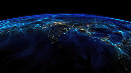 A captivating satellite view showcasing the vibrant light connections of cities at night, illustrating how technology links urban areas across the globe in stunning detail.の素材