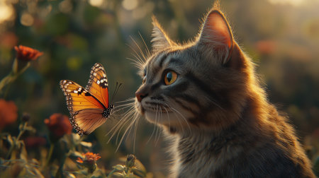 A serene scene capturing a curious cat observing a monarch butterfly amidst blooming flowers in a sunlit garden, embodying the essence of nature's beauty.の素材