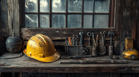Explore a rustic workbench adorned with vintage tools and a yellow hard hat, reflecting the essence of manual craftsmanship and old industry practices.の素材
