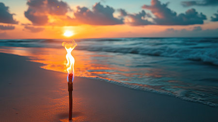 Experience the beauty of a tranquil beach sunset featuring a glowing flame torch. The gentle ocean waves and colorful sky create a perfect romantic ambiance.の素材