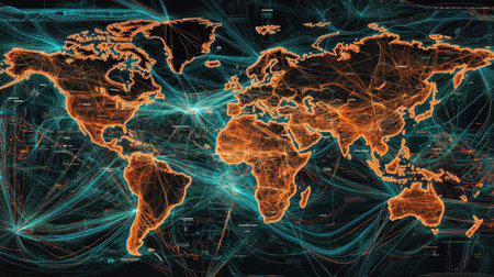 A vibrant digital illustration of a world map highlighted with energetic lines representing connectivity and information flow across regions.の素材
