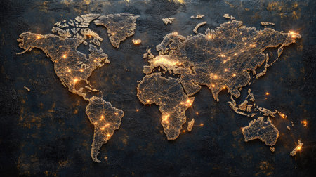 Artistic world map featuring glowing connections against a dark background, illustrating global connectivity and technology. Perfect for travel and geography themes.の素材