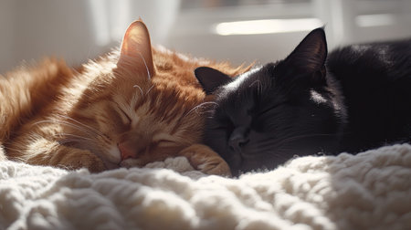 Two cats, one orange and one black, sleep peacefully on a soft blanket, basking in warm sunlight, showcasing adorable companionship and tranquility.の素材