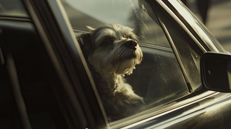 A cute dog sits comfortably in a car with its head out the window, basking in sunlight. The scene evokes a sense of joy and relaxed adventure.の素材