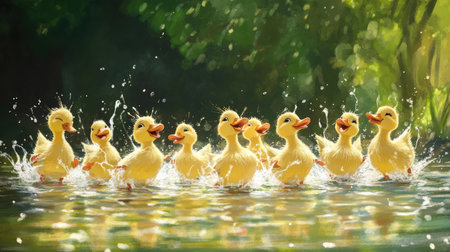A lively scene of ducklings frolicking in a sunlit pond, creating joyful splashes as they swim together. Perfect for nature and animal themes.の素材