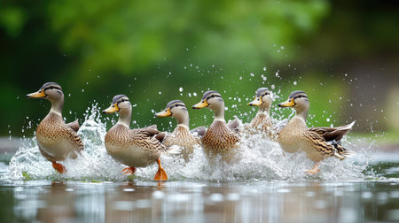 A charming group of ducks makes a delightful splash as they paddle through a calm body of water, embodying the beauty of outdoor wildlife and nature.の素材