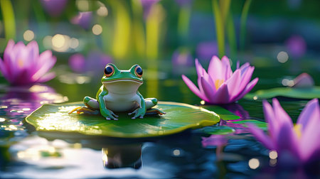 A vibrant green frog sits gracefully on a large leaf amidst pink water lilies, reflecting the serene beauty of nature in a tranquil pond setting.の素材
