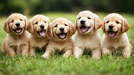 This charming image features five golden retriever puppies sitting together on lush green grass, radiating happiness and playfulness. Their joyful expressions and fluffy fur embody pure innocence and companionship.の素材