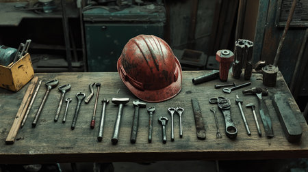 A variety of hand tools and a safety helmet organized on a rustic wooden table, showcasing essential equipment for construction and maintenance tasks in a workshop setting.の素材