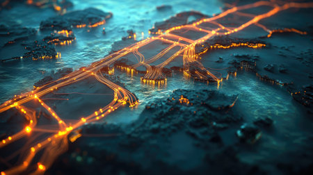 A stunning aerial view of an urban landscape at night, showcasing illuminated roads winding through water. The vibrant glow creates an artistic depiction of city life.の素材
