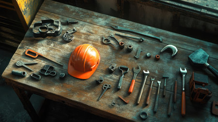 A bright orange hard hat sits among an array of hand tools on a rustic wooden table. Perfect for construction, repair, and craftsmanship themes.の素材
