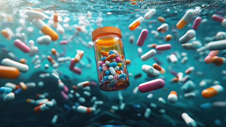 This vibrant image features a pill bottle full of colorful capsules floating in water. The dynamic scene evokes themes of health, nature, and wellness, ideal for medical or lifestyle content.の素材