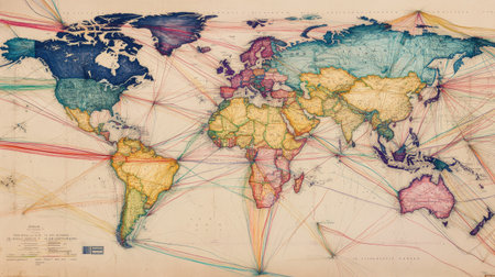A vibrant vintage map showcasing the world with colorful continents and intricate connection lines. Perfect for educational and artistic purposes.の素材