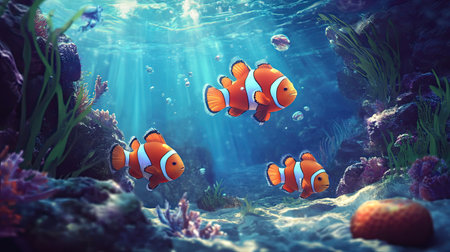 A captivating scene of colorful tropical fish swimming amidst vibrant corals in a serene underwater environment. Sunlight filters through the water, creating a magical ambiance.の素材