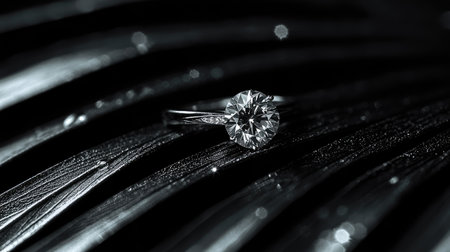 A stunning close-up of a diamond ring placed elegantly on a glossy leaf surface. This image captures the brilliance and sophistication of luxury jewelry.の素材